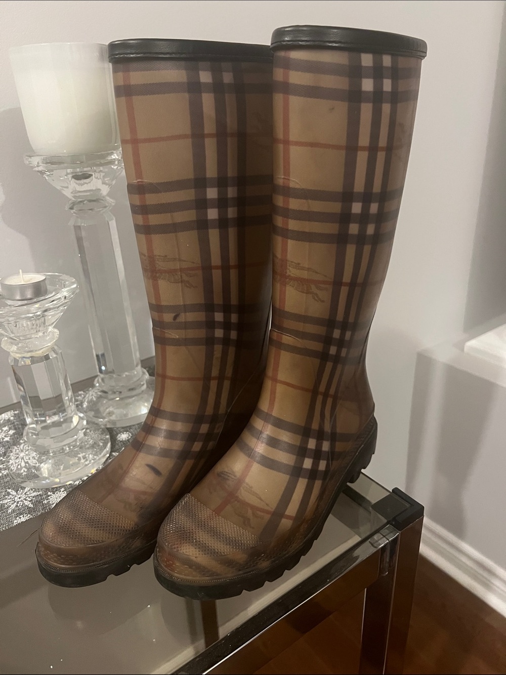 Burberry Beige Plaid Women's Knee-High Rain Boots